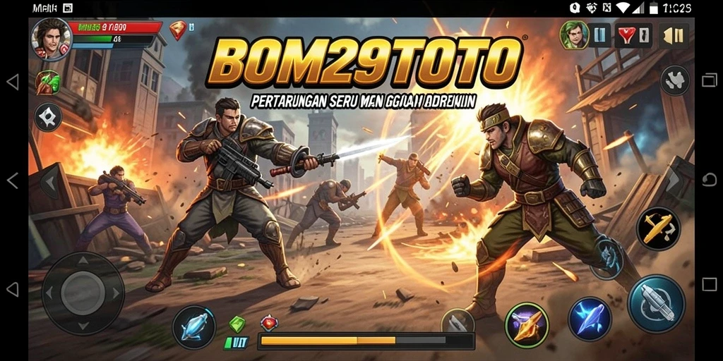 Gameplay BOM29TOTO dengan karakter bertarung dalam arena yang menegangkan.