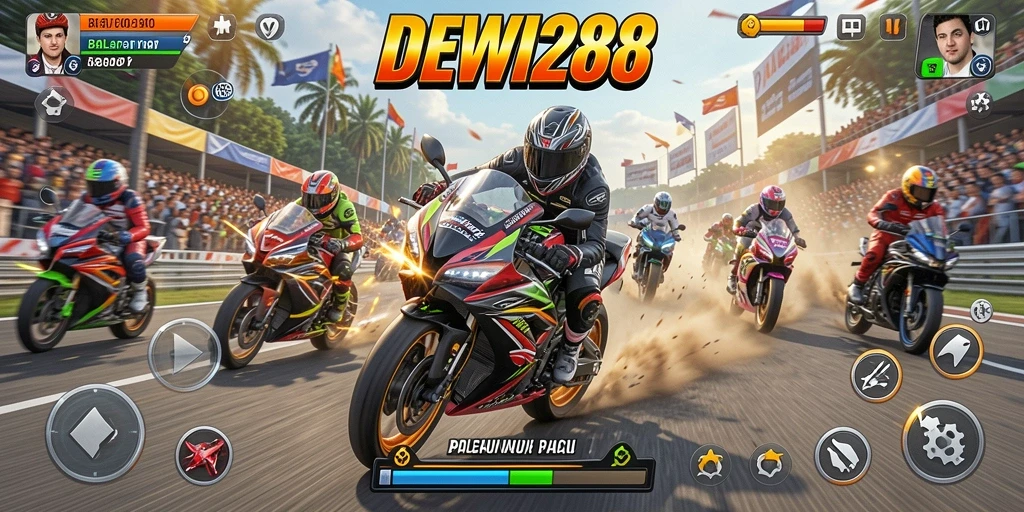 Tampilan gameplay DEWI288 yang menegangkan dan penuh aksi balapan motor.