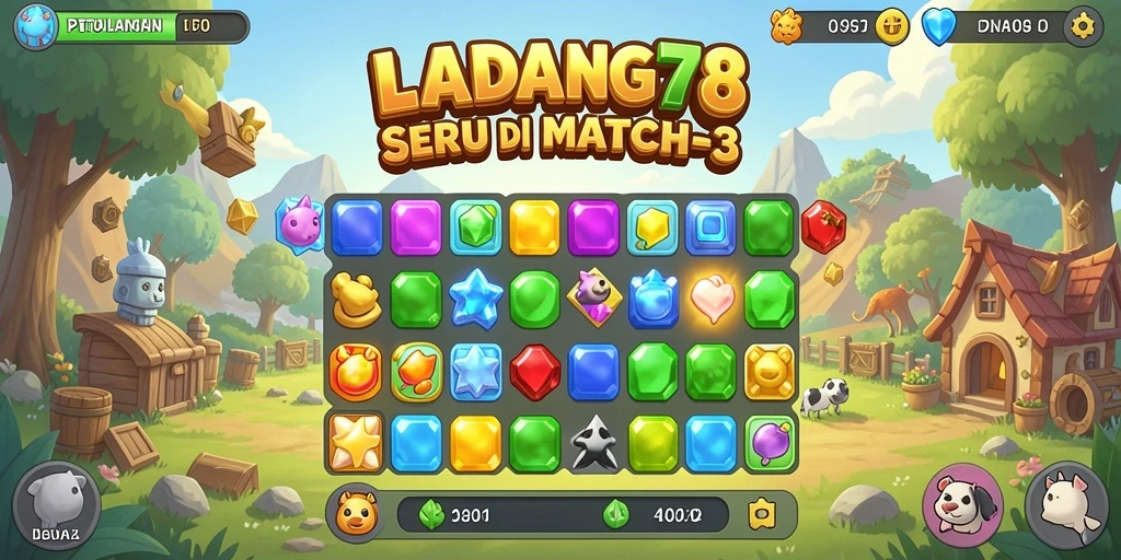 Screenshot LADANG78 menunjukkan gameplay seru Match-3 yang penuh warna.
