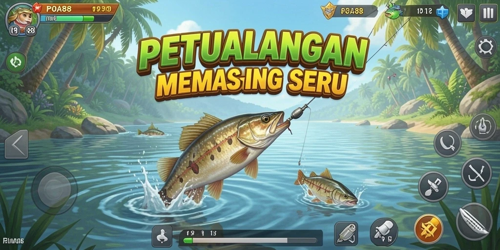 Tampilan gameplay memancing yang penuh warna dan realistis.