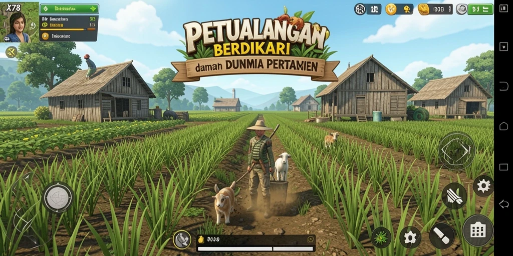 Screenshot gameplay X78 menampilkan ladang pertanian yang subur dan aktivitas bertani.